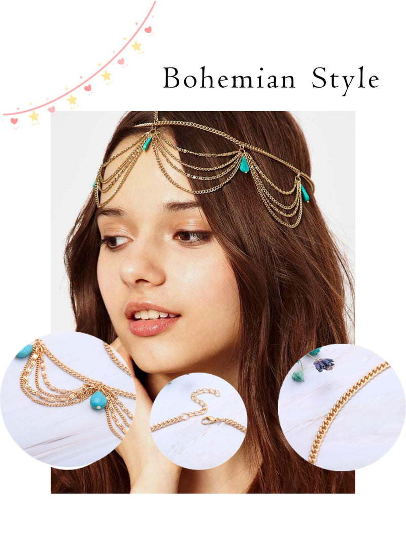 Edary Bohemian Head Chain Turquoise Headpiece Gold Hair Jewelry Accessories for Women or Girls - BeesActive Australia