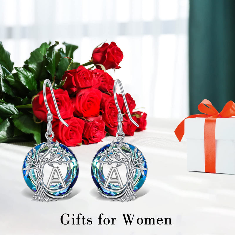 TOUPOP Earrings for Women Tree of Life Earrings with A-Z Initial Letter 925 Sterling Silver Hooks Drop Earrings Tree Dangle Earrings with Blue Circle Crystal Birthday Jewelry Gifts for Women Girls Friends J - BeesActive Australia