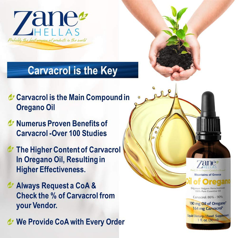 Zane Hellas 190 mg Oregano Oil-164 mg Carvacrol per Serving-4 Drops Daily. 100% Greek Undiluted Oil of Oregano. 86%-90% Min Carvacrol. Probably The Best Oregano Oil in The World. 2 fl. oz.- 60ml. - BeesActive Australia