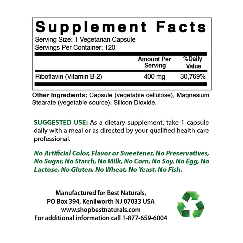 Best Naturals Vitamin B2 (Riboflavin) 400mg - Veggie Capsules - Conezyme Precursor - 120 Count (120 Count (Pack of 1)) 120 Count (Pack of 1) - BeesActive Australia