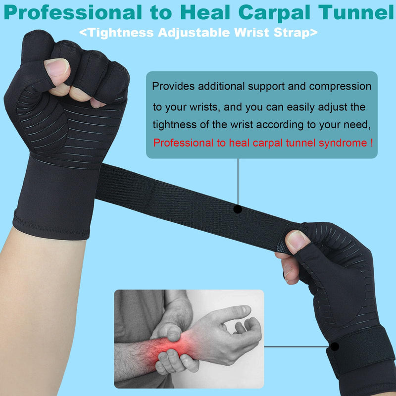 2 Pairs Arthritis Gloves for Women Men, Relieve Hand Pain, Copper Gloves for Carpal Tunnel, Crochet, Open/Full Finger Compression Gloves with Touchscreen Tips & Wrist Strap (Small/Medium) Black- Open Finger(1 Pair)+full Finger(1 Pair) Small-Medium - BeesActive Australia