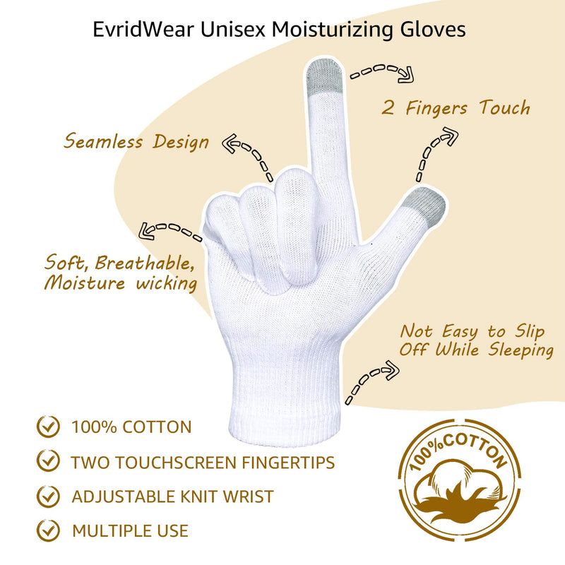 EvridWear Unisex Moisturizing Cotton Gloves with Touchscreen Fingertips for Eczema Beauty Cosmetic Dry Hands Sensitive Irritated Skin Therapy Overnight Bedtime, 6 Pairs, Lightweight-White, L/XL - BeesActive Australia