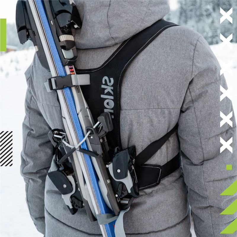 Sklon Adult Ski and Pole Carrier Strap Harness - Avoid the Struggle and Easily Transport Your Skis and Poles on Your Back - Light and Compact - HoneyComb Black - BeesActive Australia