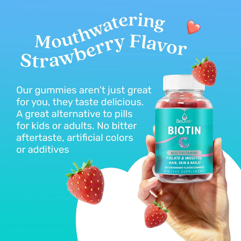 Biotin Hair Growth Vitamin Supplement Gummies with 5000mcg for Women or Men | Added Essential Multivitamins Support Skin Collagen & Nails | Vegan Friendly | Strawberry Flavour (60 Count) 1 - BeesActive Australia