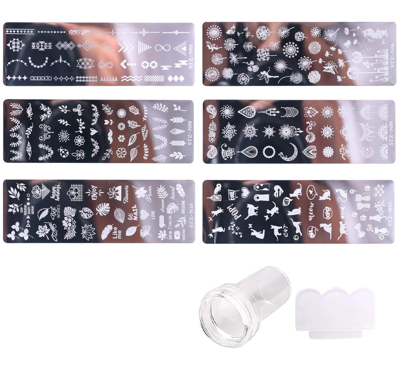 6PCS Nail Art Stamping Plates+ 1 Stamper + 1 Scraper Lace,Floral Flower Ripple Butterfly Dandelion Leaves Cat Jewelry Design Nail Stamp Plates Set,Template Image Acrylic Nail Supplies Nail Equipment - BeesActive Australia