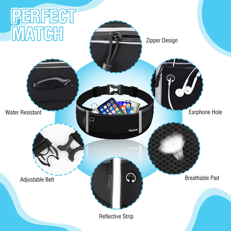 ROSIMAX Running Waist Phone Bag Water Resistant Adjustable Outdoors Sport Running Belt Travelling Money Pouch Fanny Pack for Women Men Cell phone holder Runners Belts for Hiking Fits All Phones iPhone Samsung - Black - BeesActive Australia