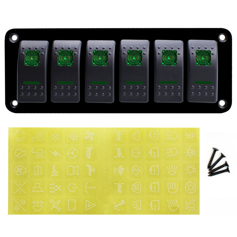 [AUSTRALIA] - FXC Rocker Switch Aluminum Panel 6 Gang Toggle Switches Dash 5 Pin ON/Off 2 LED Backlit for Boat Car Marine Green 