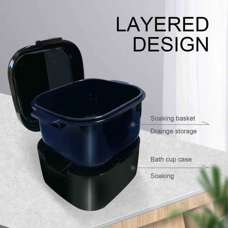 DIDATOOL Retainer Case, Denture Bath, Denture Cups for Soaking Dentures, Denture Pots with Lid, Easy to Carry and Clean Denture Case with Removable Rinse Basket and Finger Toothbrush (Black) Square Black - BeesActive Australia