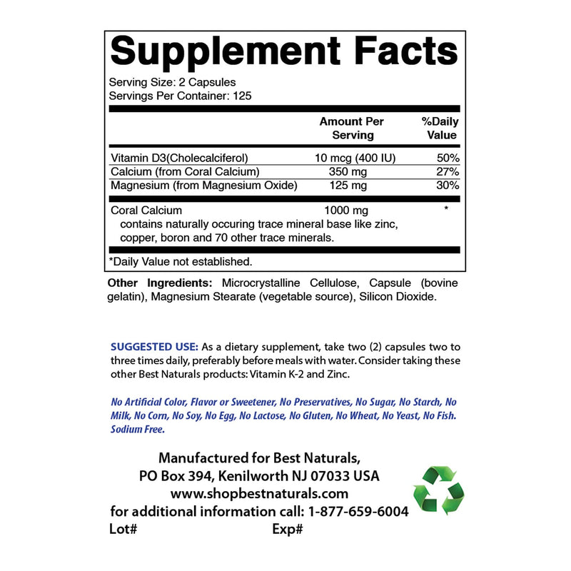 Best Naturals Coral Calcium Plus 1000 mg 250 Capsules (250 Count (Pack of 1)) 250 Count (Pack of 1) - BeesActive Australia