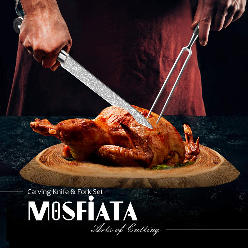 MOSFiATA 8" Carving Knife and 7" Fork Set Brisket Slicing Knife Premium Meat Cutting Knife German High Carbon Stainless Steel EN.4116 BBQ knives for Slicing Meats, Fruits and Vegetables - BeesActive Australia