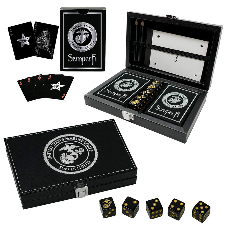 Marine Corps Playing Cards and Dice Set – Black Leather Keepsake Box, Playing Cards with USMC Rank Insignia, EGA Dice - BeesActive Australia