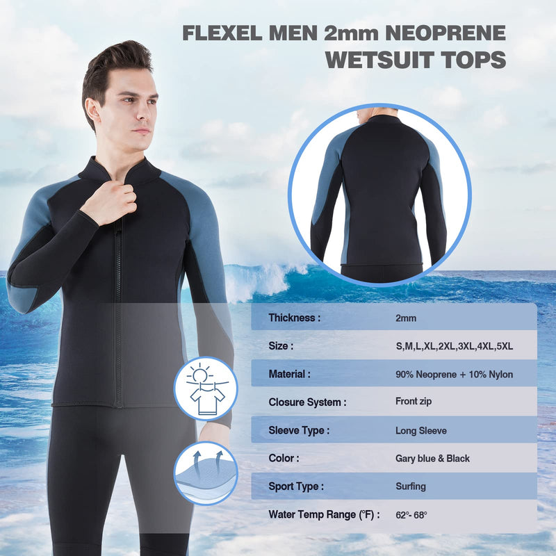 FLEXEL Wetsuit Top Jacket Women Mens 3mm Neoprene Wet Suits Front Zip Cold Water Jacket for Surfing Snorkeling Diving Kayaking Canoeing Gray blue Small - BeesActive Australia