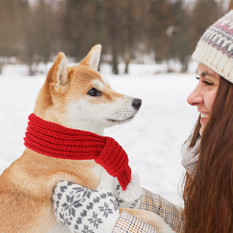 Cobee Christmas Dog Cat Santa Scarf, Dog Winter Knitted Scarf Pet Winter Neck Warmer Costume with White Pompom Ball Party Dressup Xmas Cute Decorate Gift Red Large - BeesActive Australia