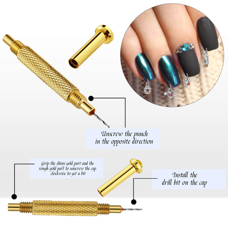 2 Pieces Nail Piercing Tools with 48 Pieces Dangle Nail Charms, Hand Drill Tool and Nail Jewelry Rings Nail Art Tools for Tips, Acrylic, Gels and Decorations - BeesActive Australia