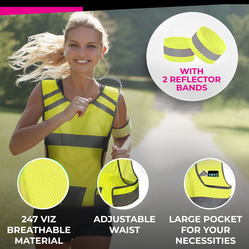247 Viz Reflective Running Vest Safety Gear - High Visibility Vest for Women & Men, Stay Visible & Safe, Light & Comfy Running & Cycling Vest - Large Pocket, Adjustable Waist & 2 Reflective Bands Yellow Medium - BeesActive Australia