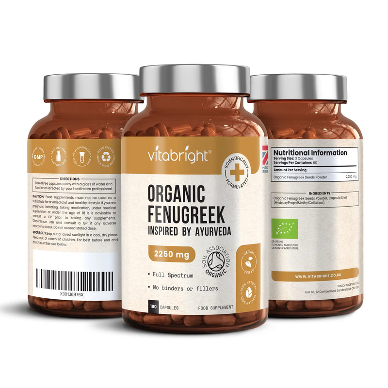 Organic Fenugreek Capsules - 2250mg High Strength - 180 Capsules (60 Day Supply) - Supports Healthy Blood Sugar Levels and Healthy Cholesterol Levels - Vegan - Made in The UK by VitaBright - BeesActive Australia