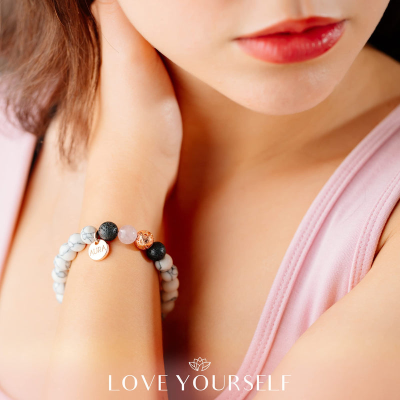AURA LOVE YOURSELF Relaxation Gift for Women Healing Stress Relief Gift for MUM Lava Rock Bracelet Yoga Beads with Lavender Essential Oil Calming Aromatherapy Diffuser Stone Beaded Bracelet Self Care White Howlite Lava - BeesActive Australia