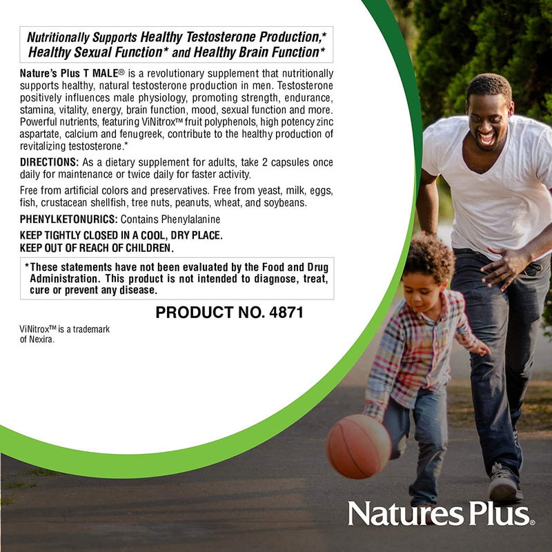 NaturesPlus T-Male Capsules - Herbal Complex and Zinc Supplement for Men Energy and Stamina - Vegan, Gluten Free - 60 Capsules - BeesActive Australia