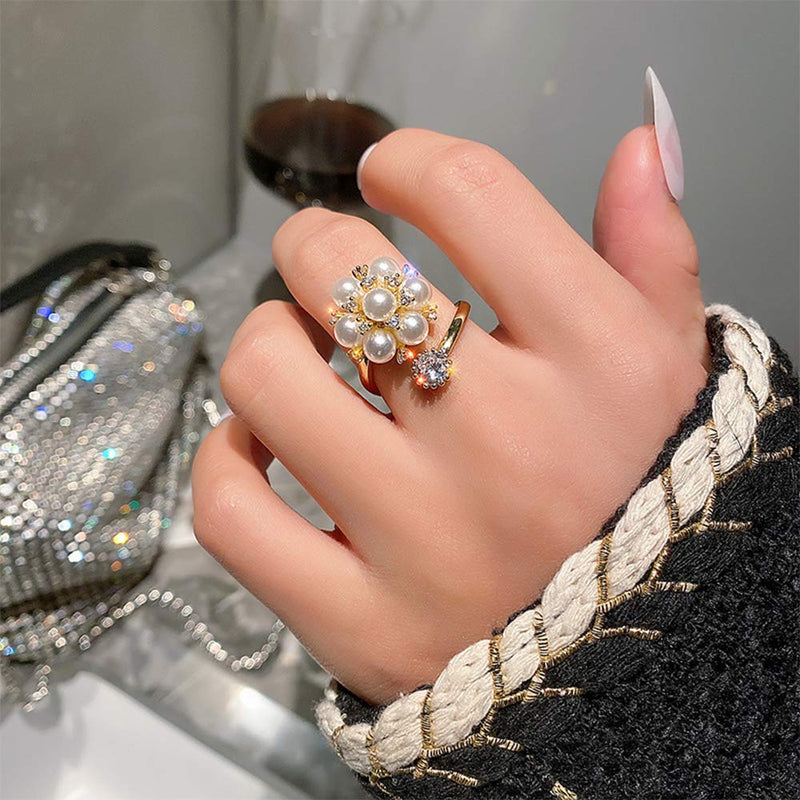 Aimimier Bridal Pearl Flower Index Finger Ring Vintage Adjustable Crystal Knuckle Ring Wedding Jewelry for Women and Girls - BeesActive Australia