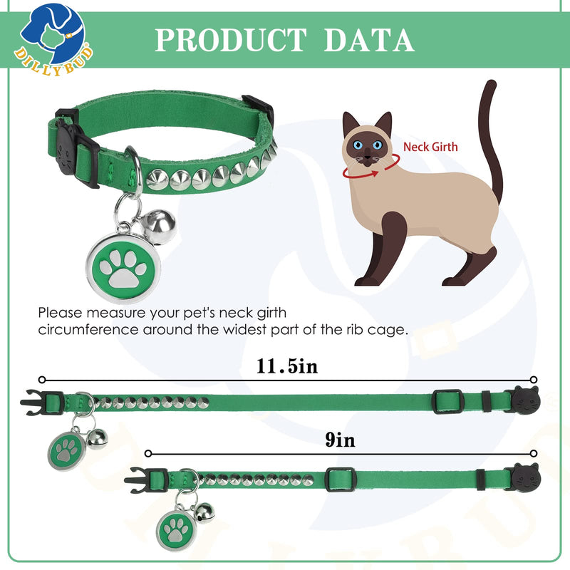 DILLYBUD Leather Personalized Breakaway Cat Collar with Studded Bell and Safety Quick Release Buckle - Rivets Studded ID DIY Collars for Boy Girl Cats Kittens Green Genuine Leather - BeesActive Australia