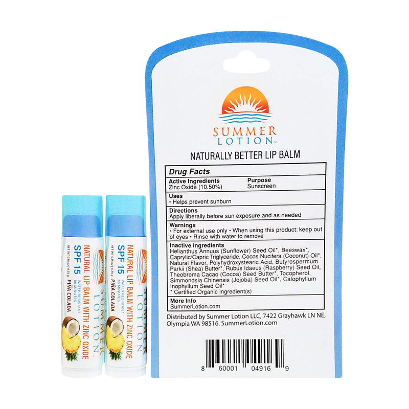 Natural Lip Balm with Zinc Oxide Sunblock by Summer Lotion, SPF 15 Lip Sunscreen 2-Pack, Water Resistant Chapstick, SPF Lip Protection for Everyone, (Pina Colada) Pina Colada - BeesActive Australia