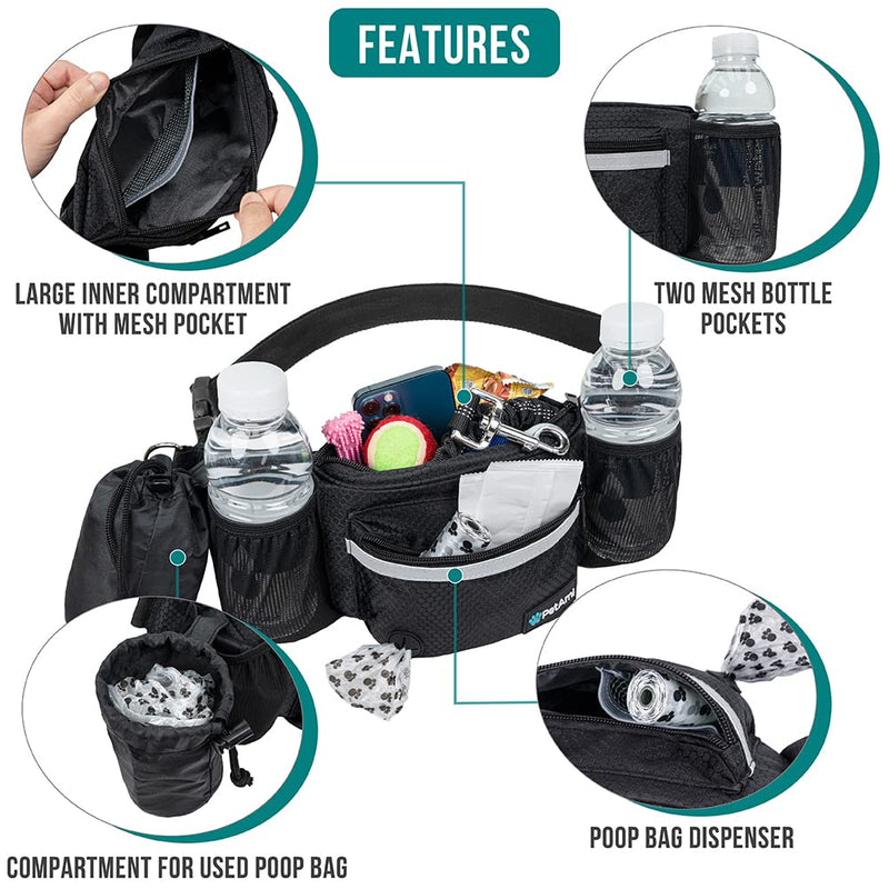 PetAmi Dog Fanny Pack, Treat Pouch for Dog Walking, Training, Built in Poop Bag Dispenser, Water Bottle Holder, Collapsible Bowl, Pet Treat Waist Belt for Hiking, Running, Kibbles Black - BeesActive Australia