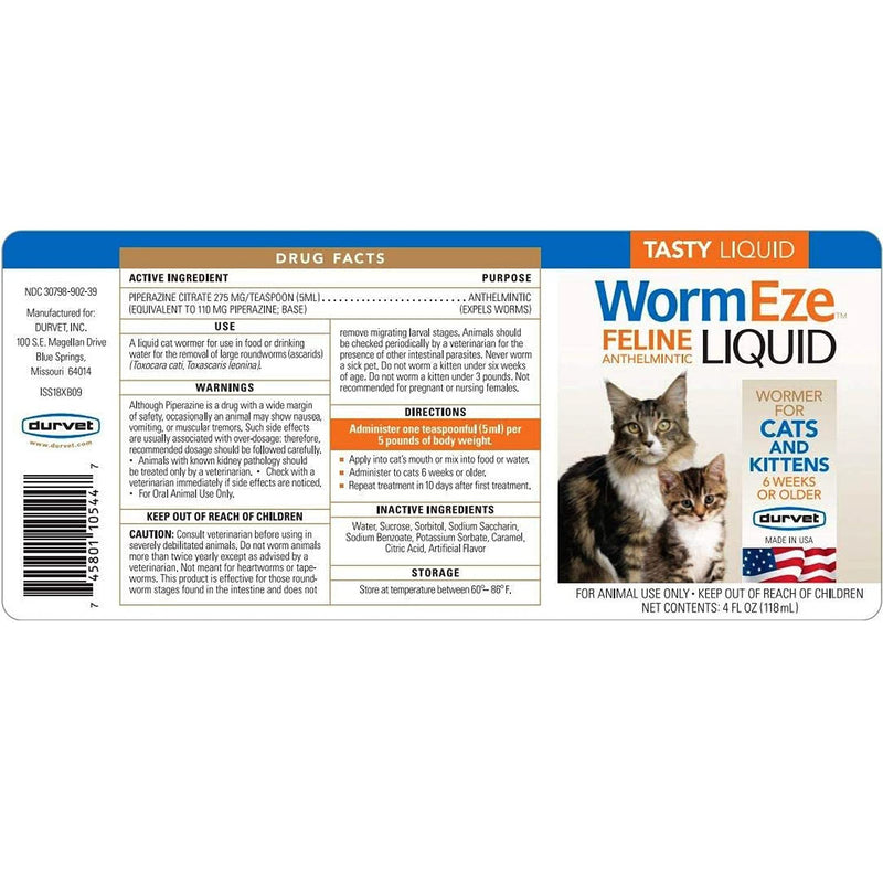 N/1 Cat Dewormer, Durvet Wormeze Feline Liquid Wormer for Cats & Kittens 4oz, Cat Wormer for All Worms, 3 Packs - BeesActive Australia