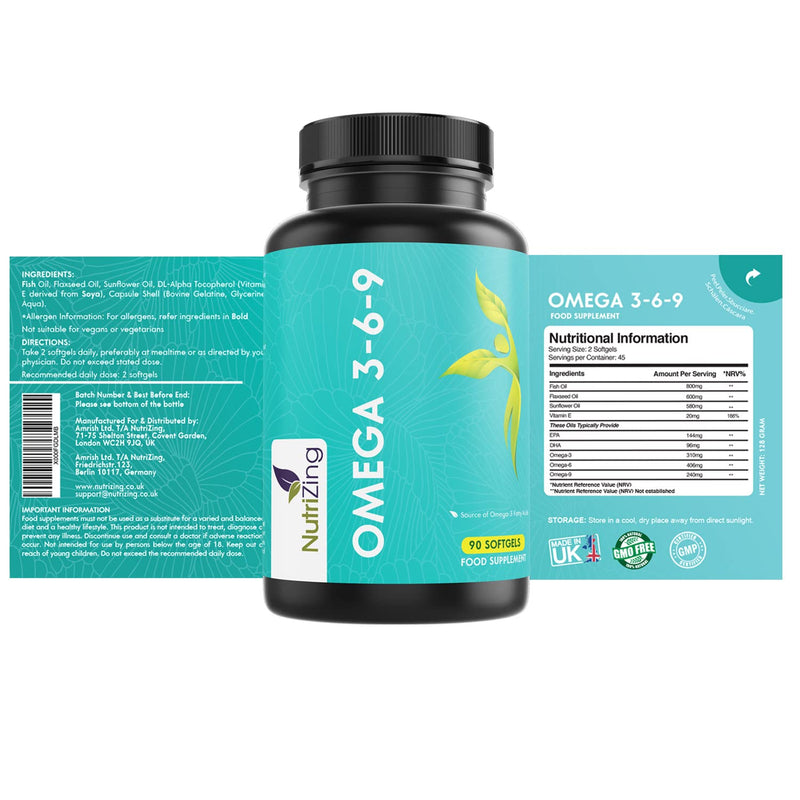 Omega 3 6 9 Triple Strength Fish Oil + Flaxseed Oil & Sunflower Oil - EPA & DHA - High Strength 1000mg - Made in The UK - Omega369 in one softgel by NutriZing - Potent Essential Fatty Acids - BeesActive Australia