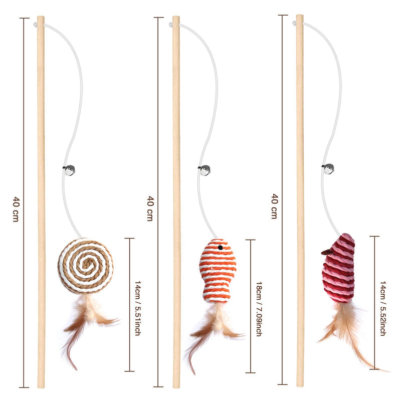 Cat Toys for Indoor Cats, 3pcs 16 Inch Natural Wood Cat Teaser Wand Toy with Teaser Refills for Cat Kitten Having Fun Exerciser Playing, Bonus 5pcs Catnip Sticks for Cat Teeth Cleaning Sisal - BeesActive Australia