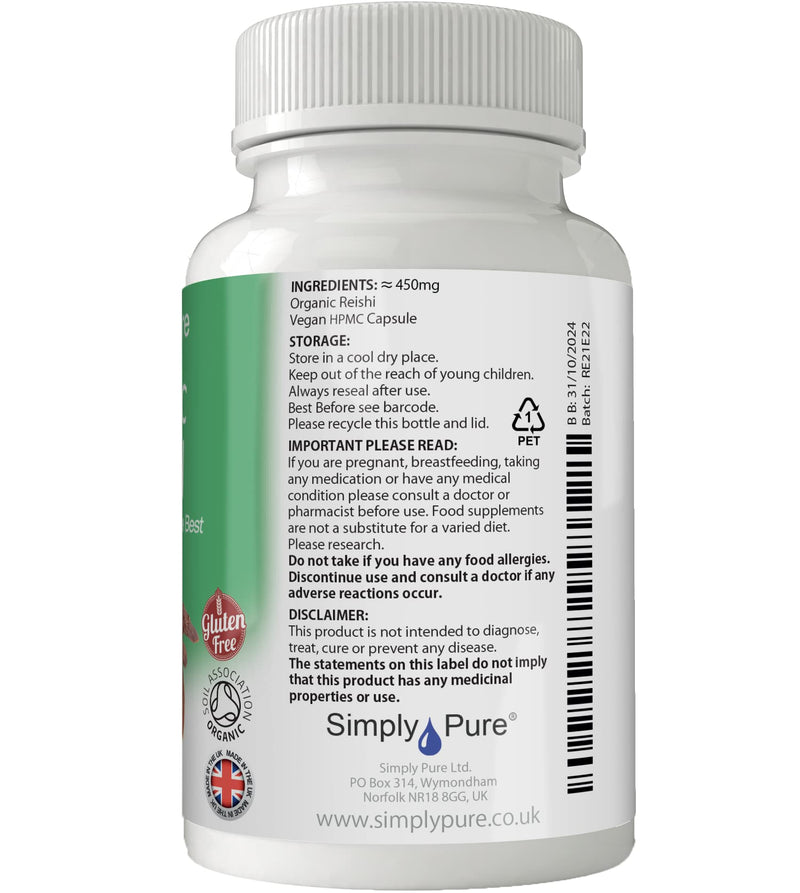 Simply Pure Organic Reishi Capsules x 90, 450mg, 100% Natural Soil Association Certified, Gluten Free, GM Free and Vegan. - BeesActive Australia