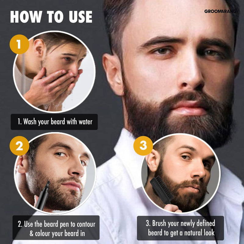 Beard Pen GROOMARANG® Beard Pencil Filler for Men - Natural Enhancer to Fill, Shape and Define - Black or Brown PLUS Beard Shaping Comb (Black) - BeesActive Australia