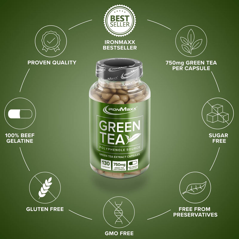 IronMaxx Green Tea Capsules, Green Tea Extract Tablets, 1 x 1 Bottle of 130 Capsules 1 Count (Pack of 130) - BeesActive Australia