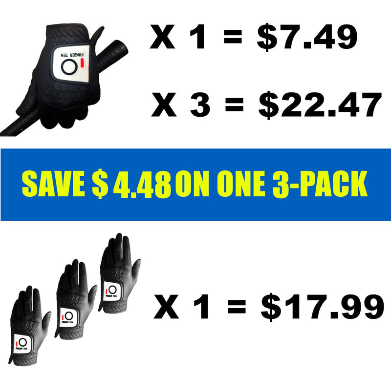 FINGER TEN Mens Golf Glove Rain Grip Value 3 Pack, Black White Left Hand Fit Right Handed Golfer, All Weather Durable Grip Size Small Medium Large XL - BeesActive Australia