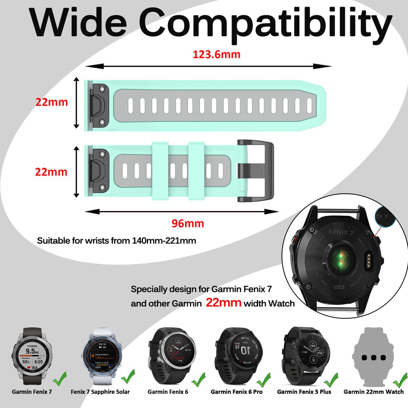 Miimall Compatible Garmin Fenix 7/6/5 Bands, 22mm Width Soft Silicone Sport Waterproof Replacement Strap Band for Garmin Fenix 7/7 Solar/7 Sapphire Solar/6/5/Garmin Instinct Women Man(Mint Green+Grey) Mint Green+Grey - BeesActive Australia