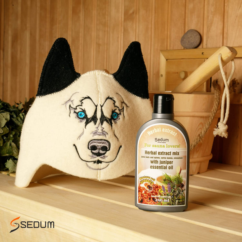 Sedum Natural Herbal Extract for Sauna, Massage, Broom Soaking - Herbal Sauna Extract Mix (Pine Buds and spines, salvia Leaves, Cinnamon) with Juniper Essential Oil, Honey and Iodine Salt - 240ml Pine Buds and Spines, Salvia , Cinnamon, Juniper - BeesActive Australia