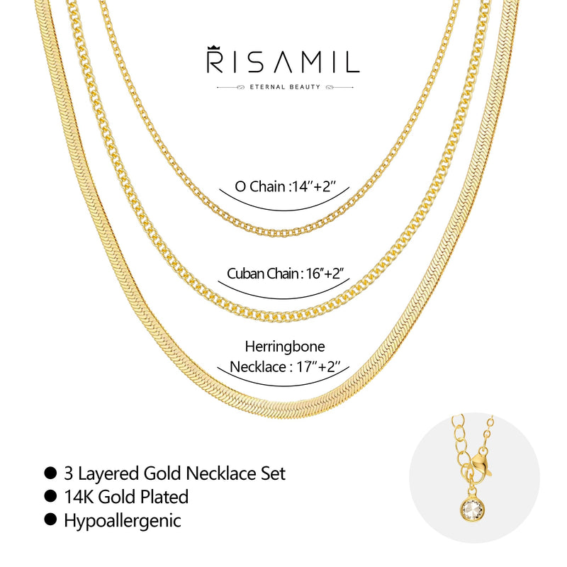 Risamil Gold Necklace for Women, 14K Gold Plated/Silver Layered Necklaces for Women, Dainty Gold Necklace Set Chain Choker Necklace Gold Jewelry Gift for Women and Girls 3 Layered O Chain/Cuban/ Herringbone - BeesActive Australia