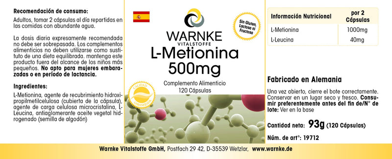 - L-Methionine 500mg - Vegan - 120 Capsules | Warnke Vitalstoffe - BeesActive Australia