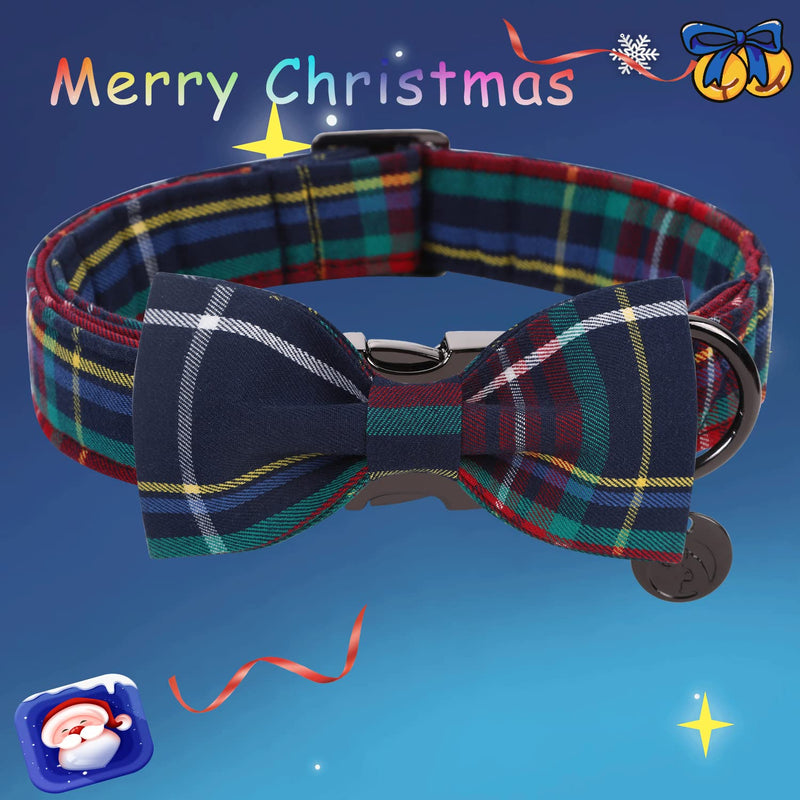 DOGWONG Cotton Dog Collar with Bow tie, Christmas Red Plaid Dog Collar Pink Santa Claus Soft Durable Adjustable Cotton Puppy Pet Collar for Small Medium Large Dog L（Pack of 1） A: red blue plaid - BeesActive Australia