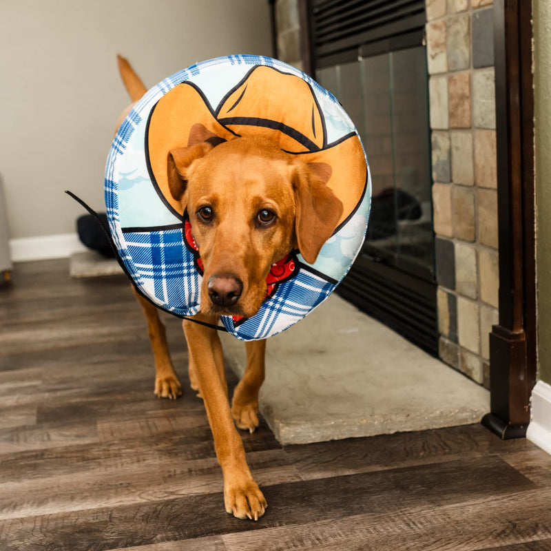 Choola Pet Inflatable Dog Cone Collar for After Surgery Care Bundled with Toy, Pump, and Extra Tube Wild West Large Collar - BeesActive Australia