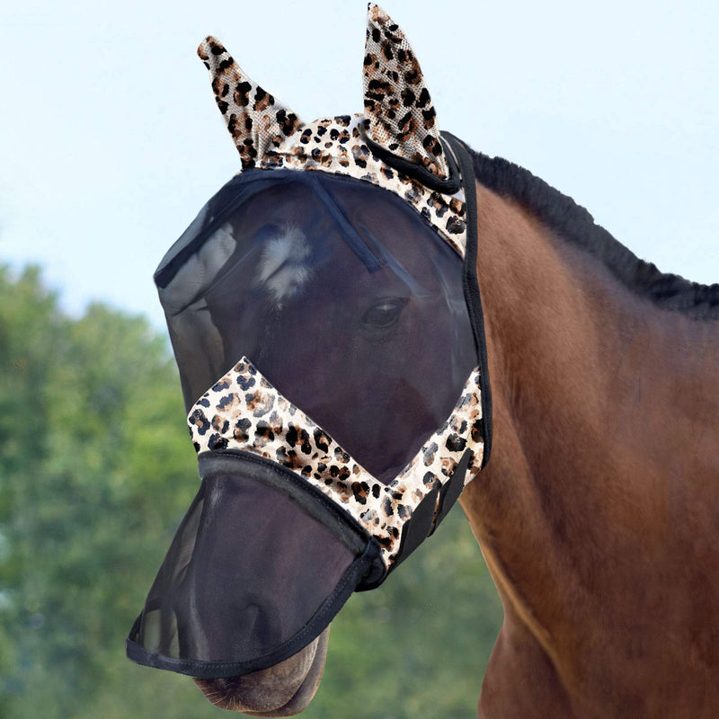 Harrison Howard LumiVista Horse Fly Mask Long Nose with Ears UV Protection for Horse with Multicolor Print Cob (Medium) Leopard Print - BeesActive Australia