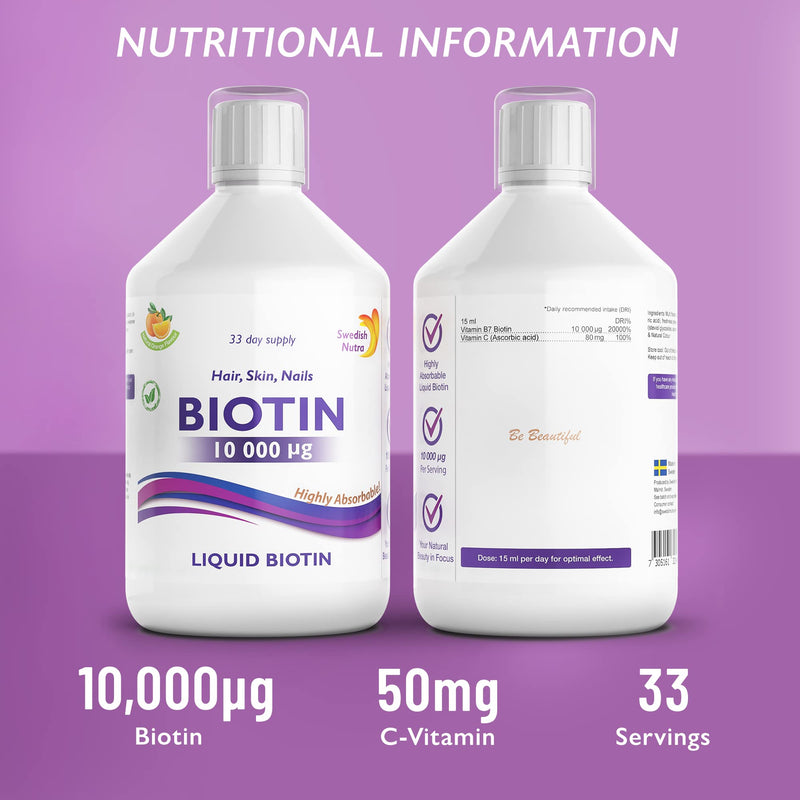 Swedish Nutra Liquid Biotin - Pack of 500ml, 33 Day Supply | Orange Flavour Biotin for Healthy Hair Clear Skin & Strong Nails | Contains Vitamin C & 100% Natural Flavour | High Absorption Rate - BeesActive Australia