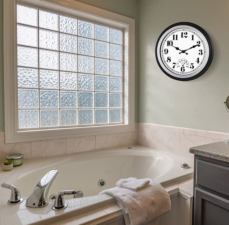 45Min 12 Inch Indoor/Outdoor Retro Round Waterproof Wall Clock with Thermometer, Silent Non Ticking Battery Operated Quality Quartz Wall Clock Home/Patio Decor(Silver F) 12'' Silver F - BeesActive Australia