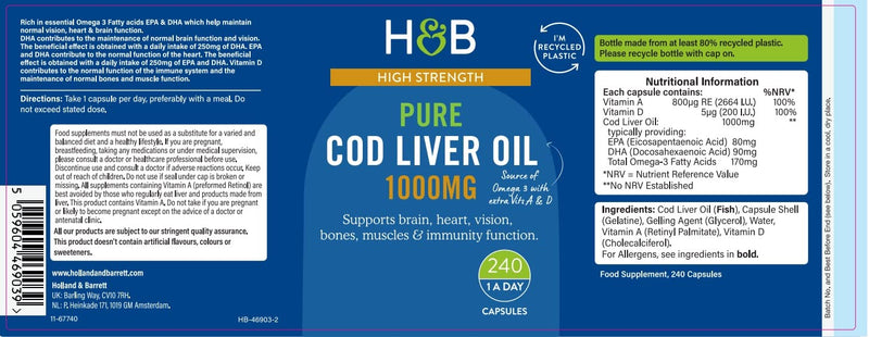 Holland & Barrett Pure Cod Liver Oil 1000mg - Natural Source of Omega-3, Vitamin A and Vitamin D - 240 Capsules 240 count (Pack of 1) - BeesActive Australia