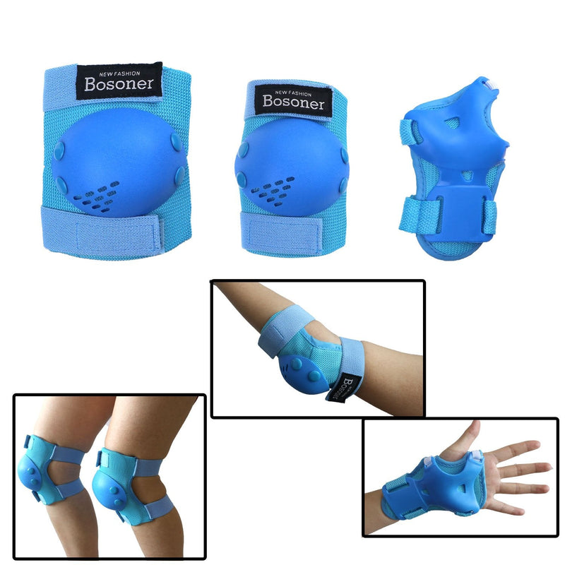 BOSONER Kids/Youth Knee Pads Elbow Pads Wrist Guards Set for 3-15 Years, Child Protective Gear Set for Multi-Sports Outdoor, Roller Skates, Cycling, BMX Bike, Skateboard, Inline Skating, Scooter Riding Sports Blue Medium(6-15 years) - BeesActive Australia
