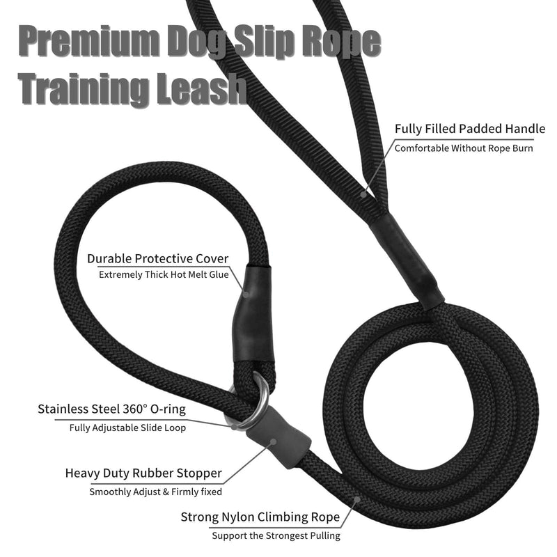 Strong Slip Rope Dog Training Leash (4ft) - Heavy Duty Durable Braided Nylon Lead with Rubber Stopper & Padded Handle - No Pull Walking Climbing for Medium Large Dogs Black 1/2" x 4ft - BeesActive Australia