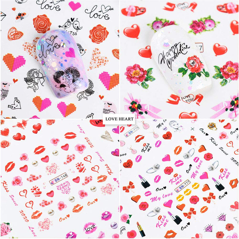 Lookathot 3Sheets/36Styles Valentine's Nail Art Stickers Decals Love Heart Rose Lipstick Red Lips High Heels Design Pattern Water Sky Star Foil Paper Printing Transfer DIY Decoration Tools Accessories - BeesActive Australia