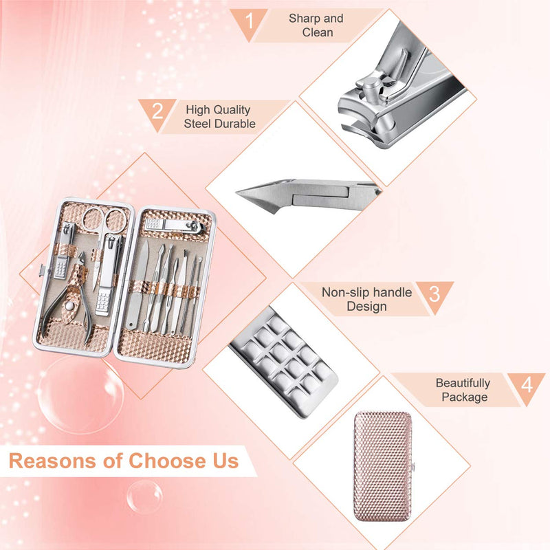 Yougai Manicure Set Professional Nail Clippers Set, 12Pcs Manicure Kit Stainless Steel Nail Kit for Women, Pedicure Set Nail Grooming Kit with Travel Case Rose Gold - BeesActive Australia