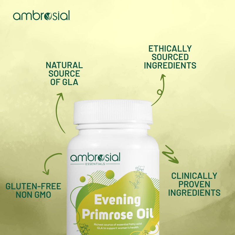 Ambrosial Evening Primrose Oil 1000mg (EPO) | Cold Pressed Evening Primrose Oil Capsules | Rich Source of Omega 6 Fatty Acids & GLA | High Strength Evening Primrose Capsules (Pack of 1-60 Softgels) 60 count (Pack of 1) - BeesActive Australia