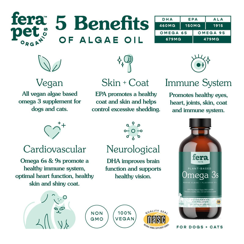 Fera Pets - Plant Based Omega 3s, 6, 9 - for Dogs and Cats - Made with Marine Algae + Flaxseed Oil - 100% Vegan DHA and EPA Supplement - for Healthy Skin, Coat, and Immune System - 8oz - BeesActive Australia
