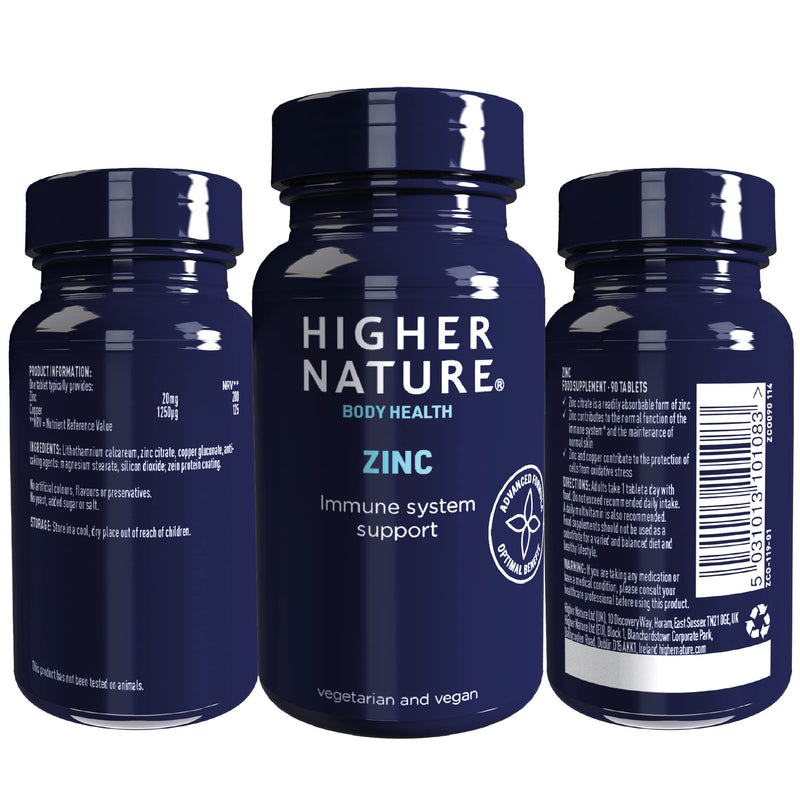 Higher Nature - Zinc - Immune System, Cognitive Function & Fertility Support - Gluten Free - Vegetarian & Vegan - 90 Tablets - BeesActive Australia